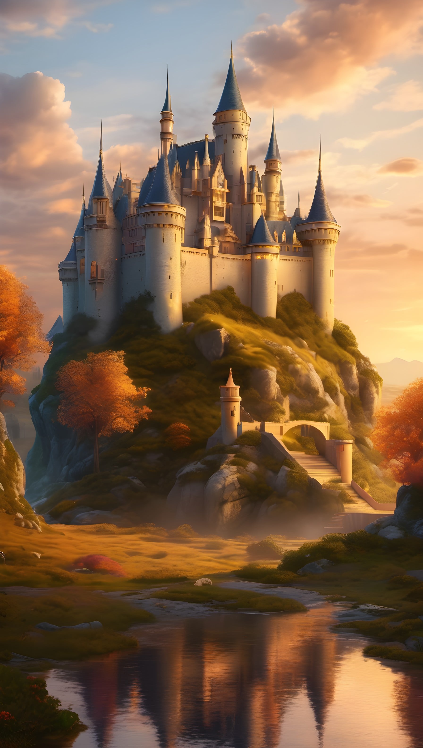 Golden Hour Fantasy Castle Reflection Wallpaper, fantasy castle, fairytale, golden hour, sunset, magical, enchanted