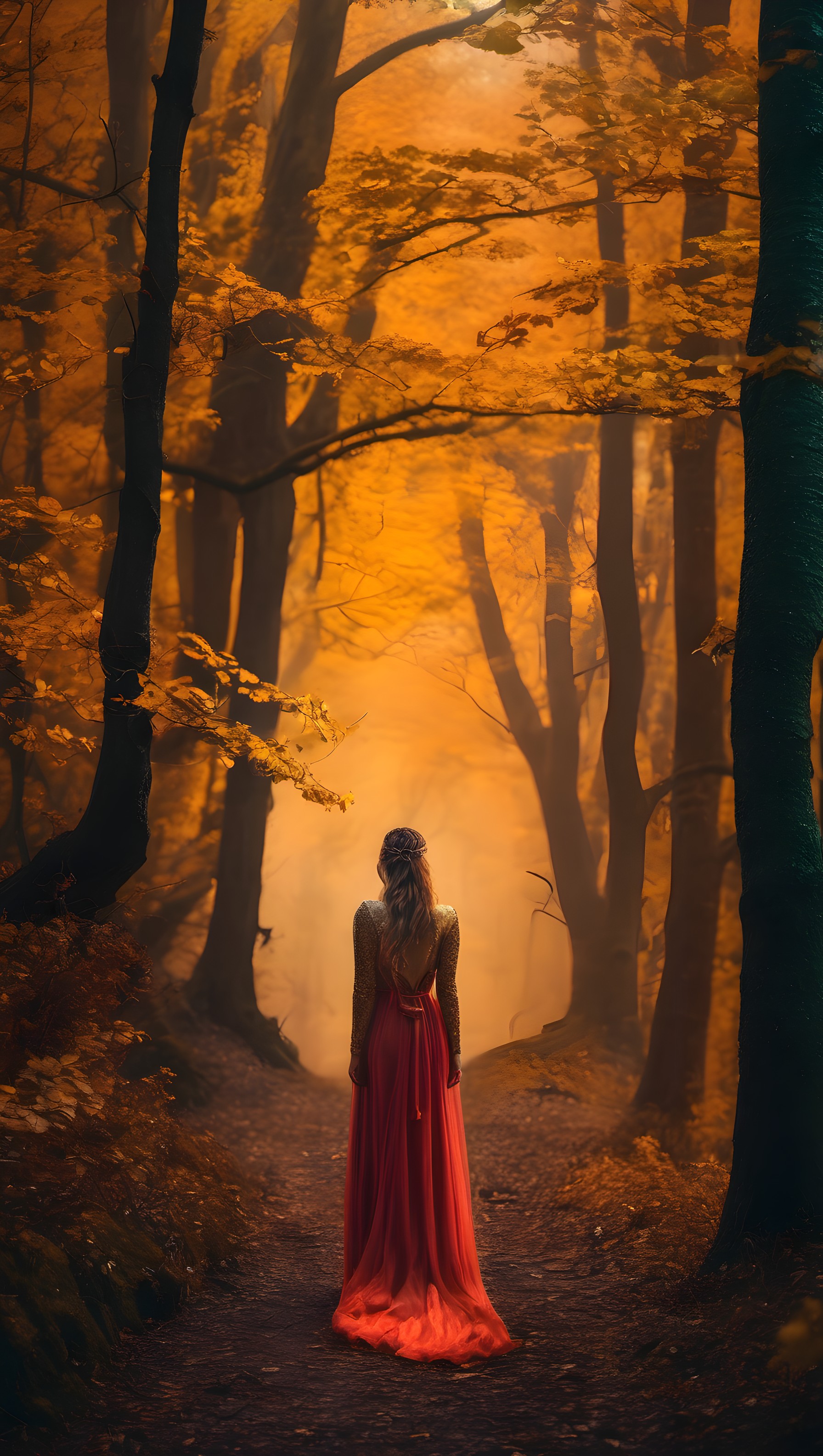 Golden Autumn Forest Path with Woman in Red, autumn, forest, woman, red dress, golden light, mystical
