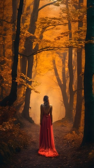 Golden Autumn Forest Path with Woman in Red