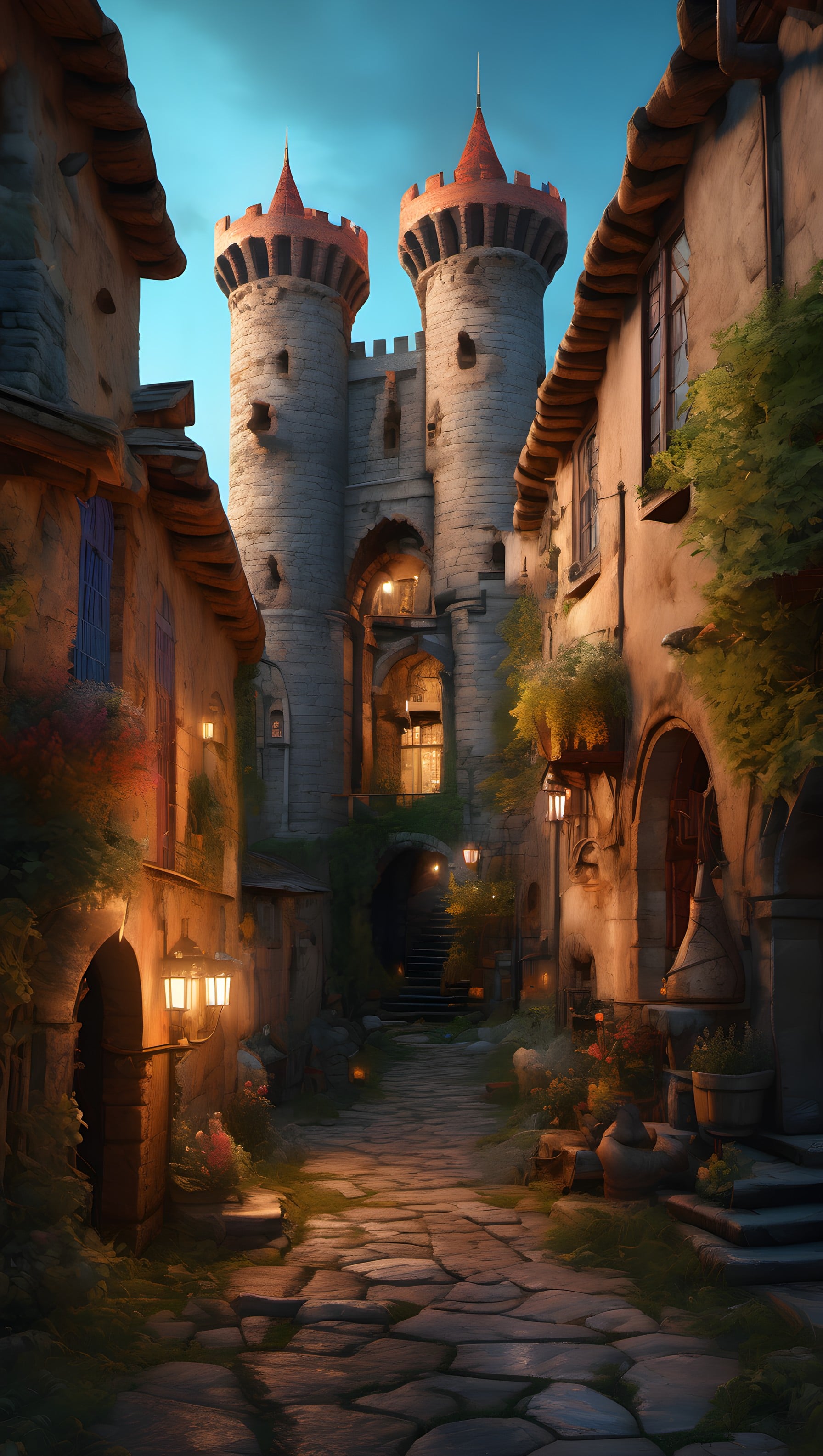 Enchanted Castle Village Alleyway Twilight, castle, medieval village, fantasy, cobblestone alley, twilight, warm lanterns