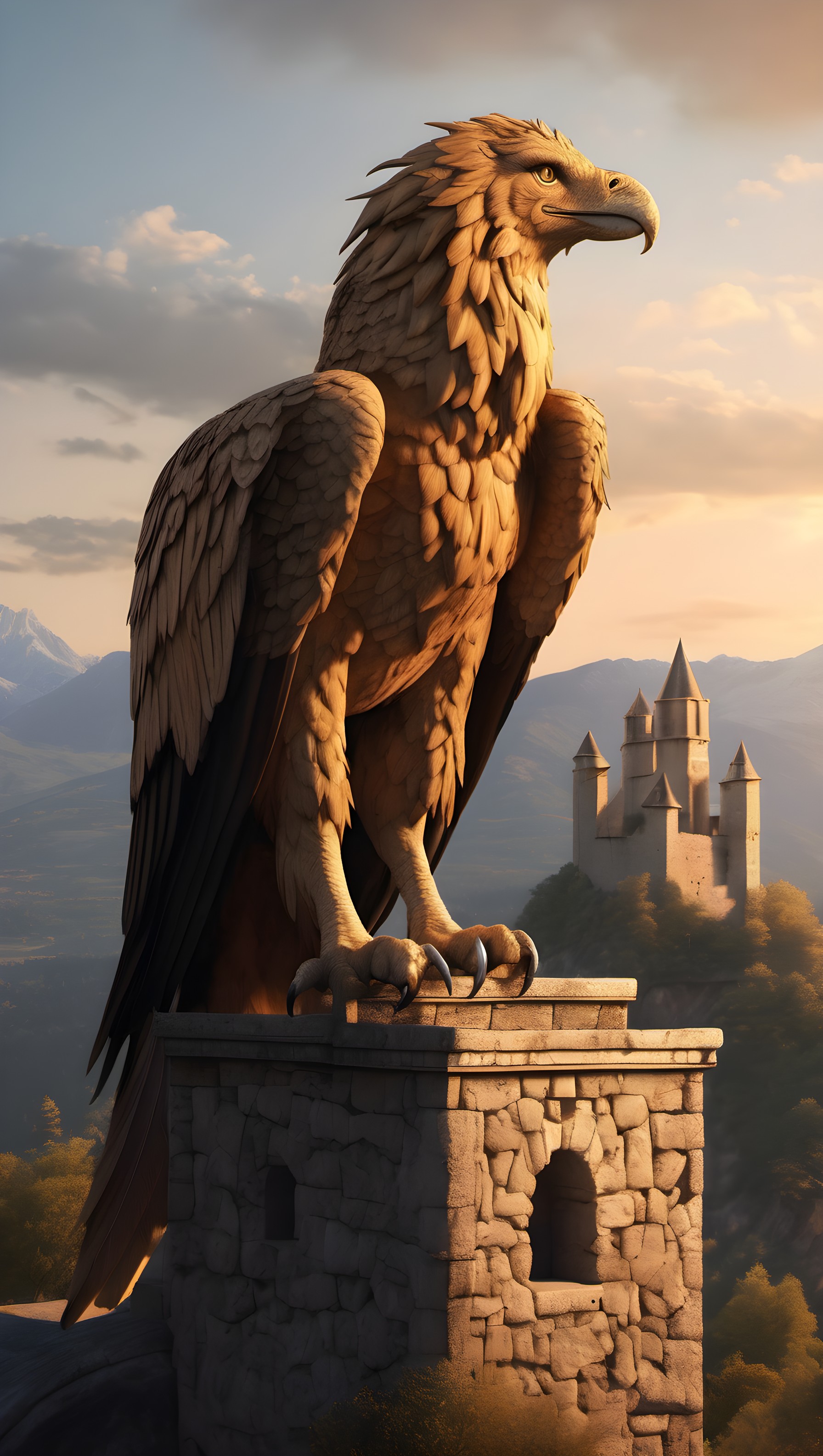 Majestic Golden Eagle Statue Sunset Castle View, eagle, statue, fantasy, castle, majestic, golden hour