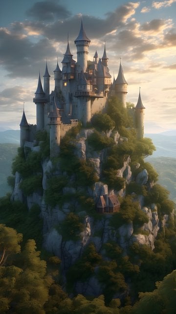Majestic Fantasy Castle on Mountain Cliff Wallpaper
