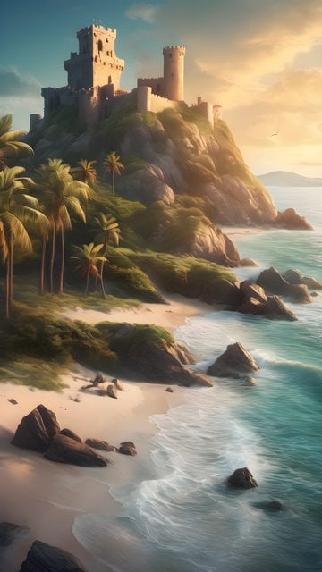 Golden Hour Fantasy Castle Beach Mobile Wallpaper