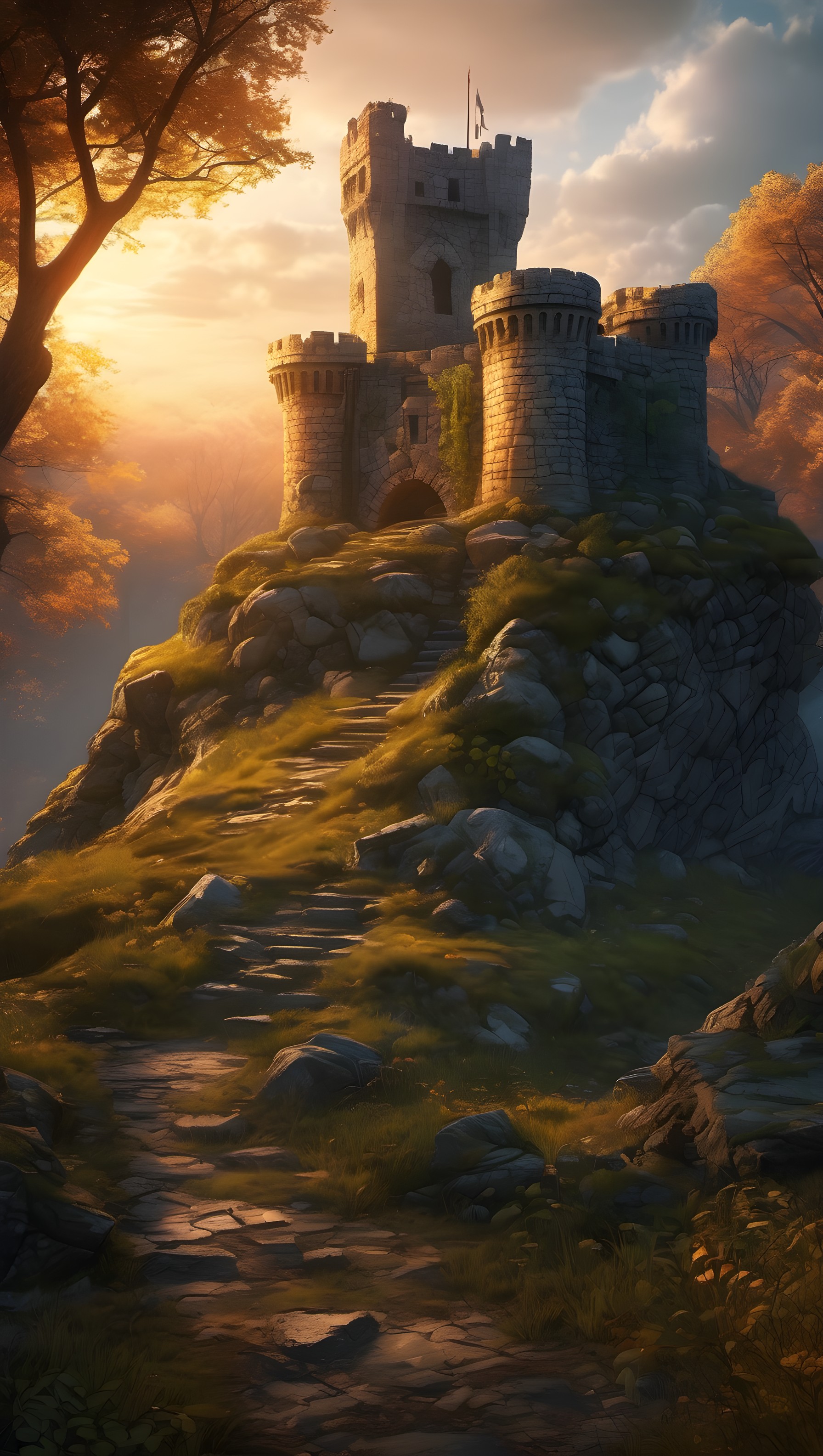 Mystical Castle on Hill at Golden Sunset, castle, fantasy, sunset, golden hour, medieval, mystical