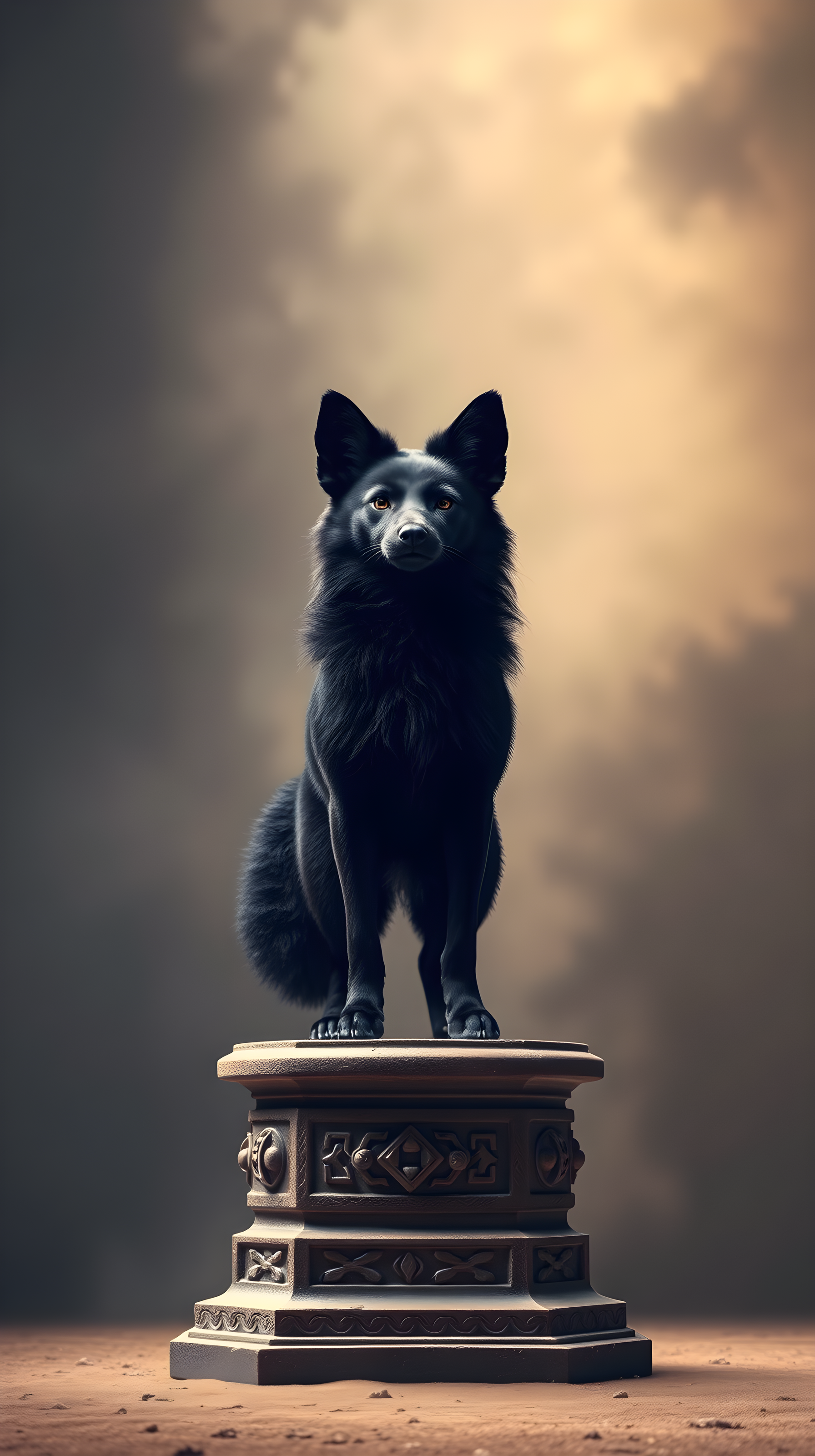 Majestic Black Dog on Pedestal, Golden Sky Wallpaper, black dog, majestic, regal, animal, pedestal, golden sky