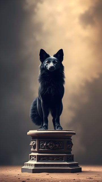 Majestic Black Dog on Pedestal, Golden Sky Wallpaper