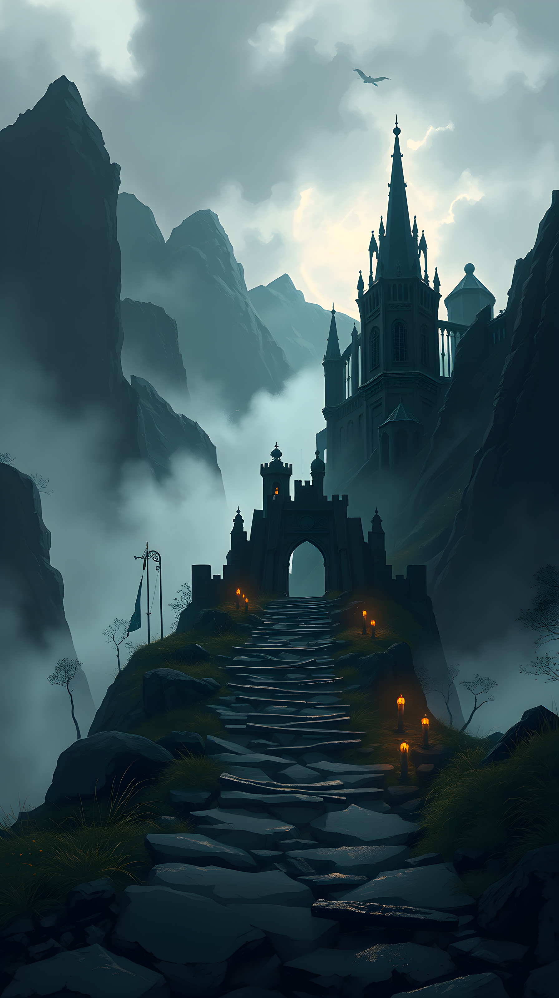 Enchanted Castle Path in Misty Mountains Wallpaper, fantasy castle, misty mountains, stone path, ancient fortress, magical, dark academia