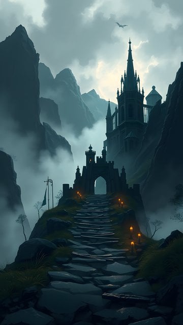 Enchanted Castle Path in Misty Mountains Wallpaper