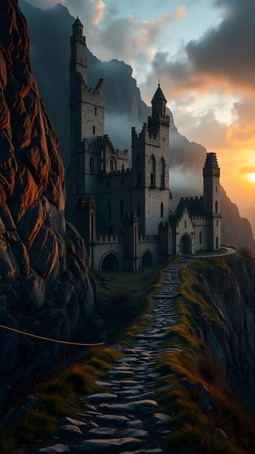 Epic Cliffside Castle at Sunset: Stone Path to Ancient Fortress