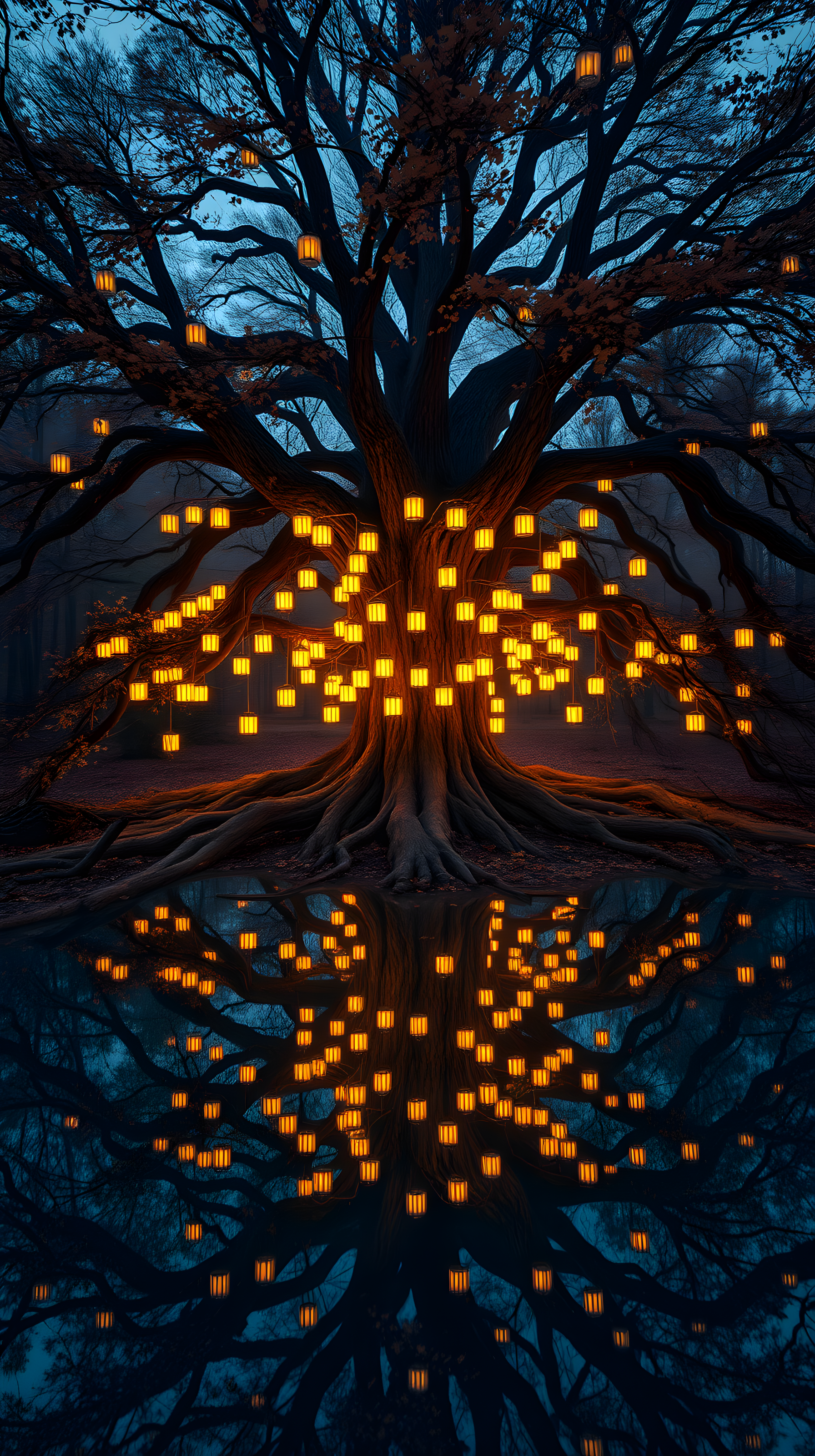 Enchanted Lantern Tree Reflection Night Wallpaper, enchanted tree, magical forest, glowing lanterns, night scene, reflection art, fantasy landscape