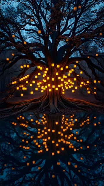 Enchanted Lantern Tree Reflection Night Wallpaper