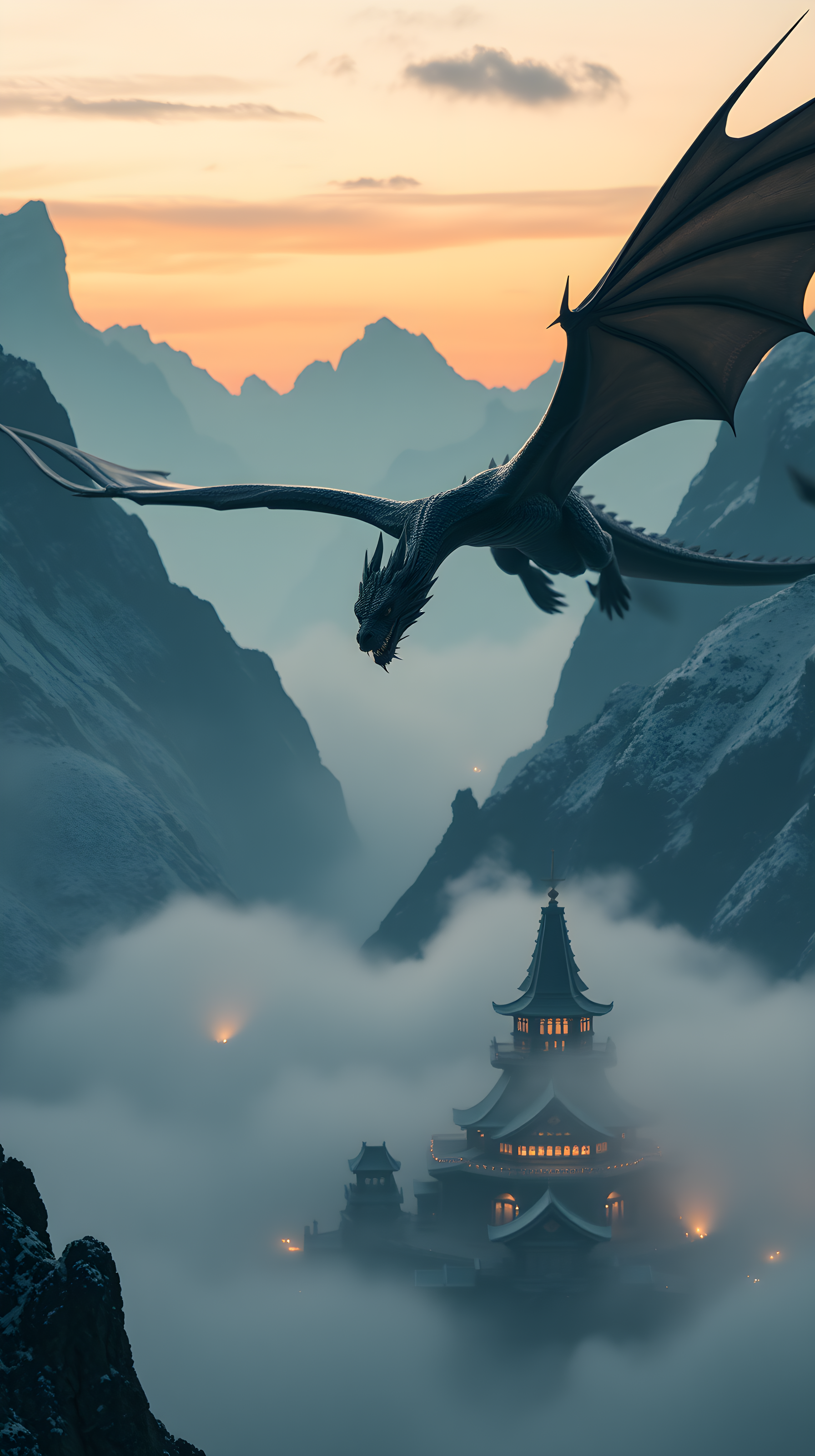 Mythical Dragon Flight Over Misty Mountain Temple at Dusk, dragon, fantasy, mythical creature, temple, pagoda, mountains