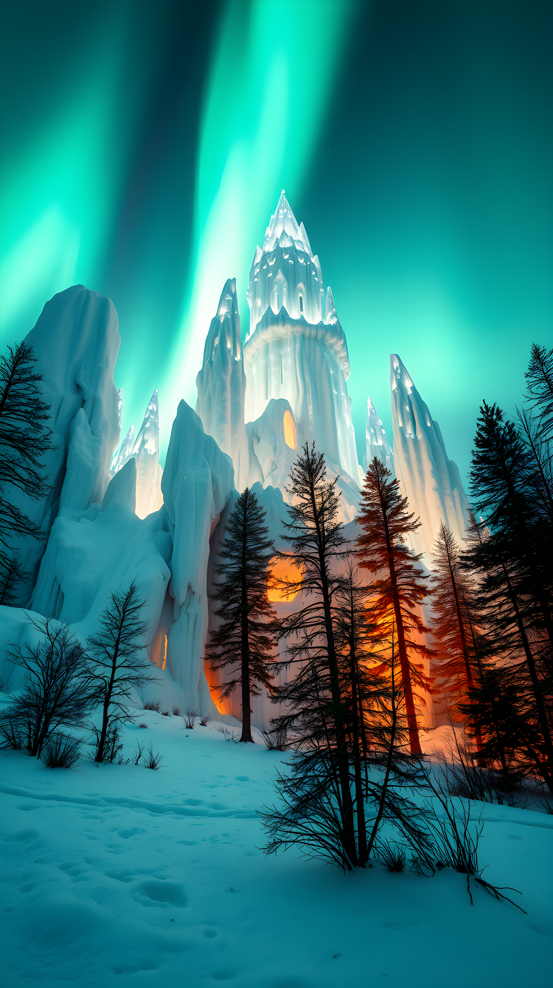 Magical Ice Castle Aurora Winter Fantasy Wallpaper, ice castle, aurora, northern lights, winter fantasy, snow, magic