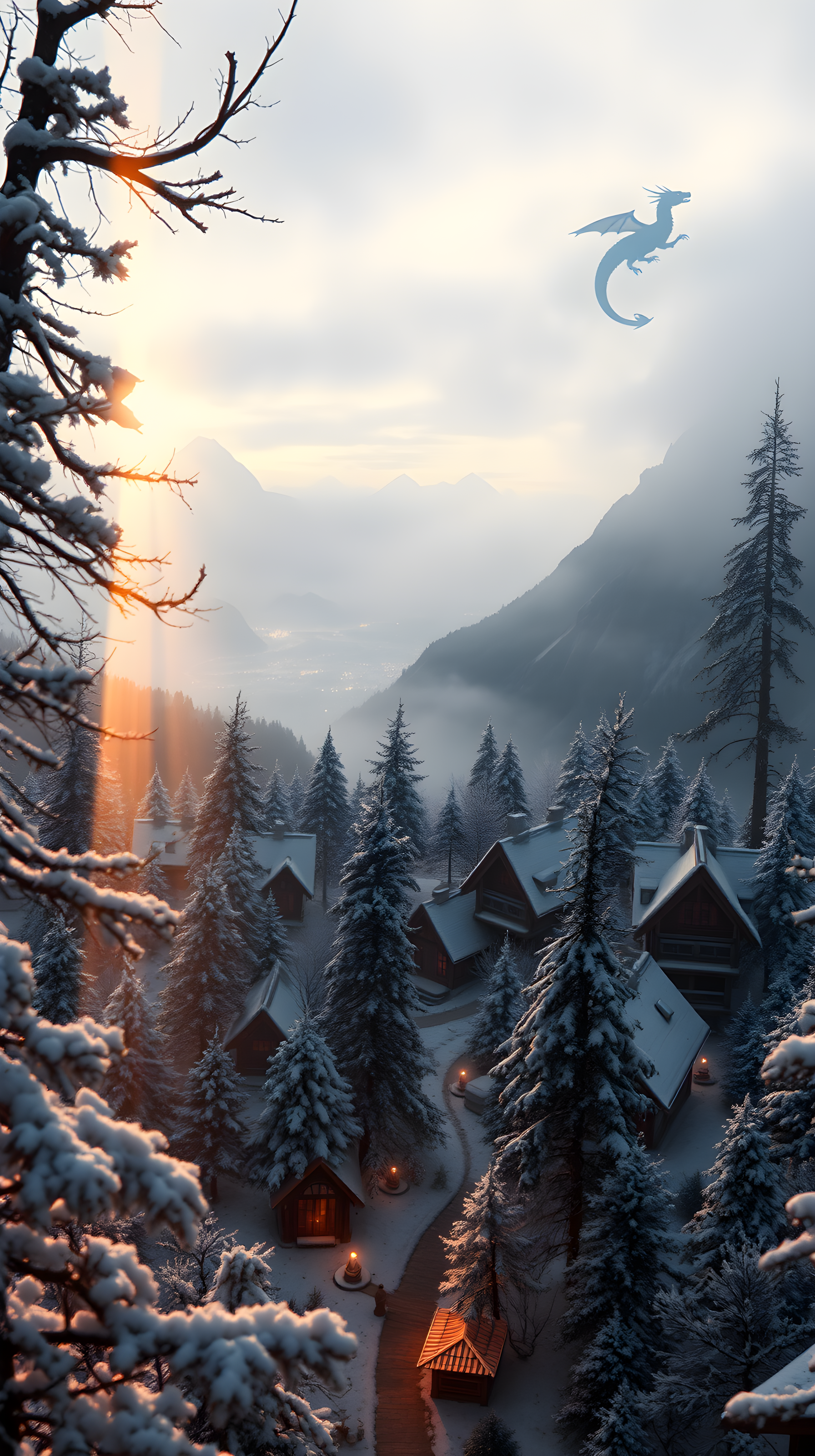 Winter Dragon Village Sunset, Snowy Mountain Cabins, winter, dragon, fantasy, snow, village, cabins