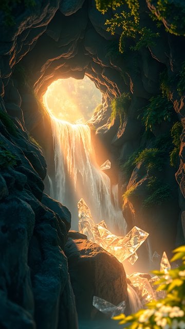 Mystical Cave Waterfall with Golden Light and Crystals