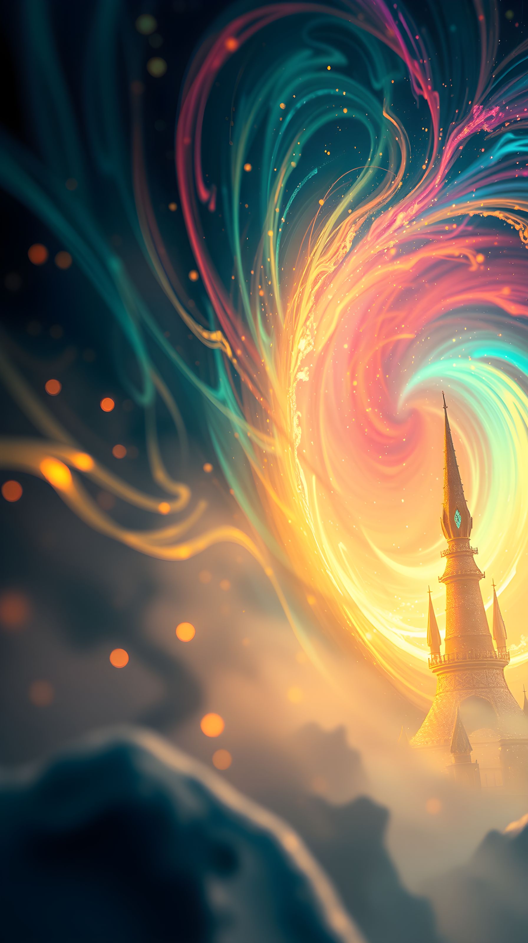Mystical Castle Spire in Cosmic Light Vortex, fantasy castle, magical light, cosmic vortex, vibrant colors, digital art, ethereal