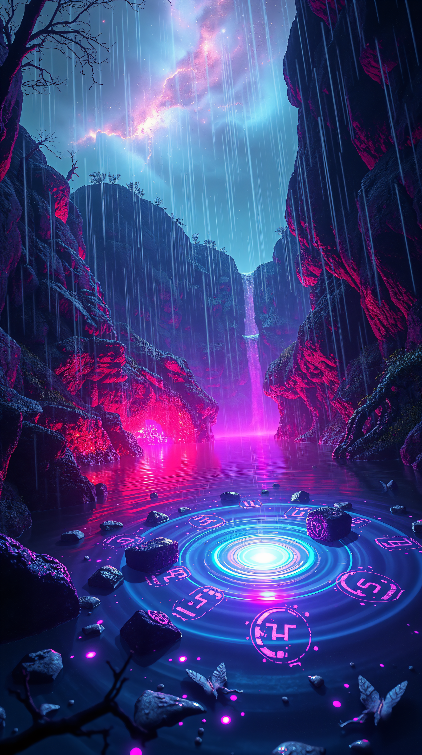 Neon Fantasy River Canyon with Magical Rain, neon, fantasy, glowing, cyberpunk, mystical, waterfall