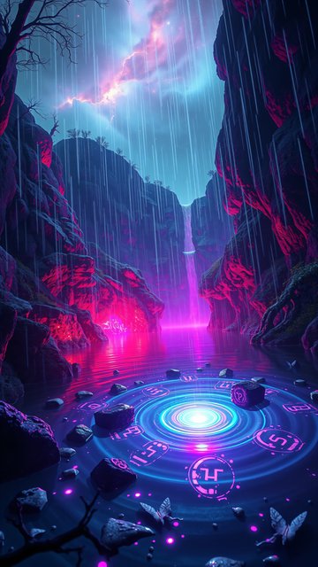Neon Fantasy River Canyon with Magical Rain