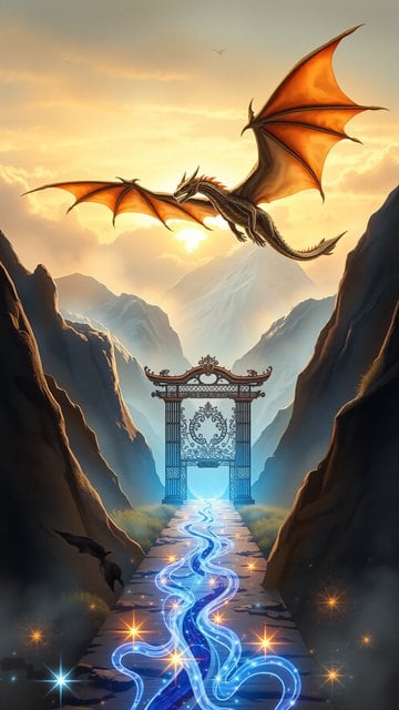 Epic Dragon Flight Over Mountain Gate & Magic Path