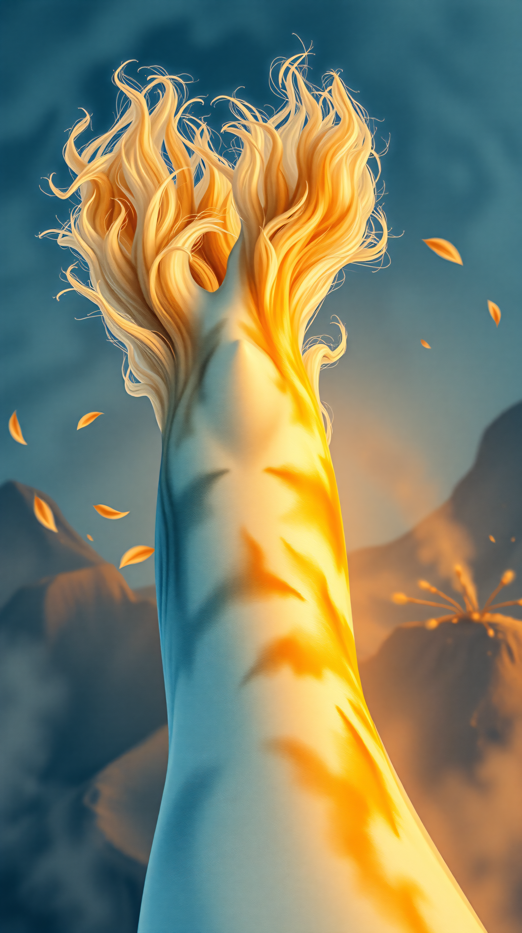 Golden Flame Hair Fantasy Landscape Wallpaper, fantasy, golden, flame, mystical, dreamy, vibrant