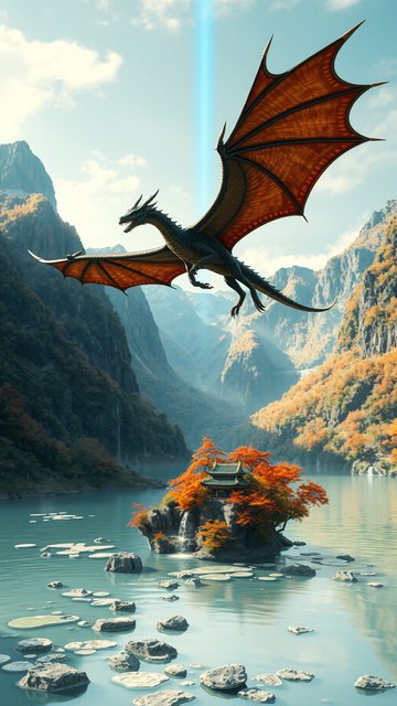 Majestic Dragon Over Autumn Lake & Temple