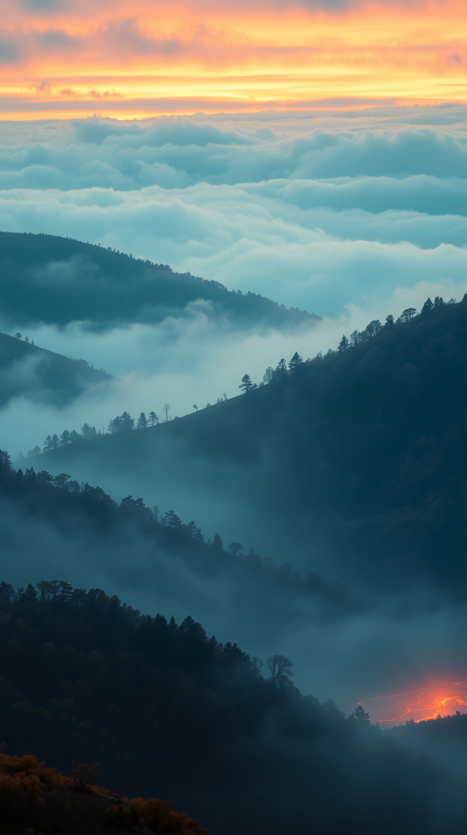 Ethereal Misty Mountains with Fiery Sunset & Mysterious Glow, mountain, sunset, sunrise, mist, fog, clouds