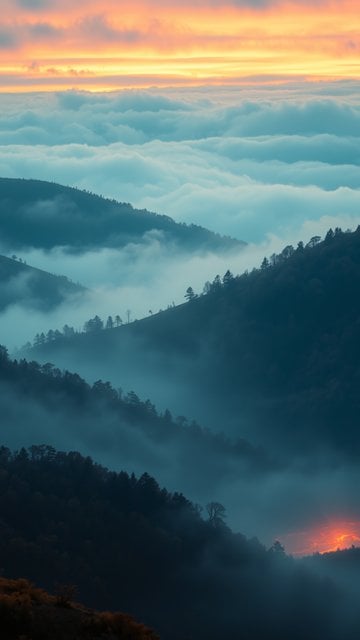 Ethereal Misty Mountains with Fiery Sunset & Mysterious Glow