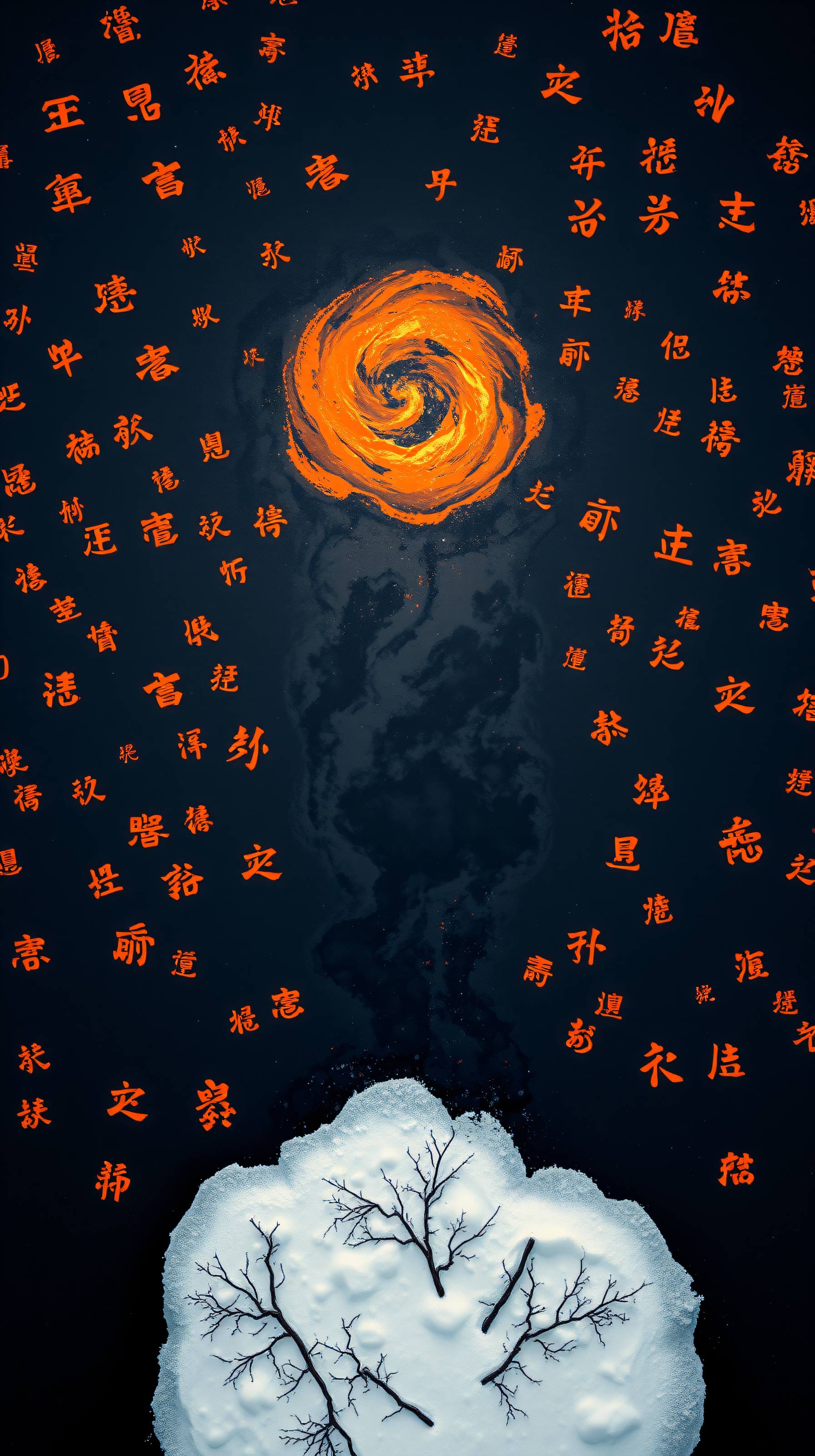 Mystical Fire Vortex, Winter Branches, Chinese Calligraphy, abstract, fantasy, fire, ice, winter, oriental