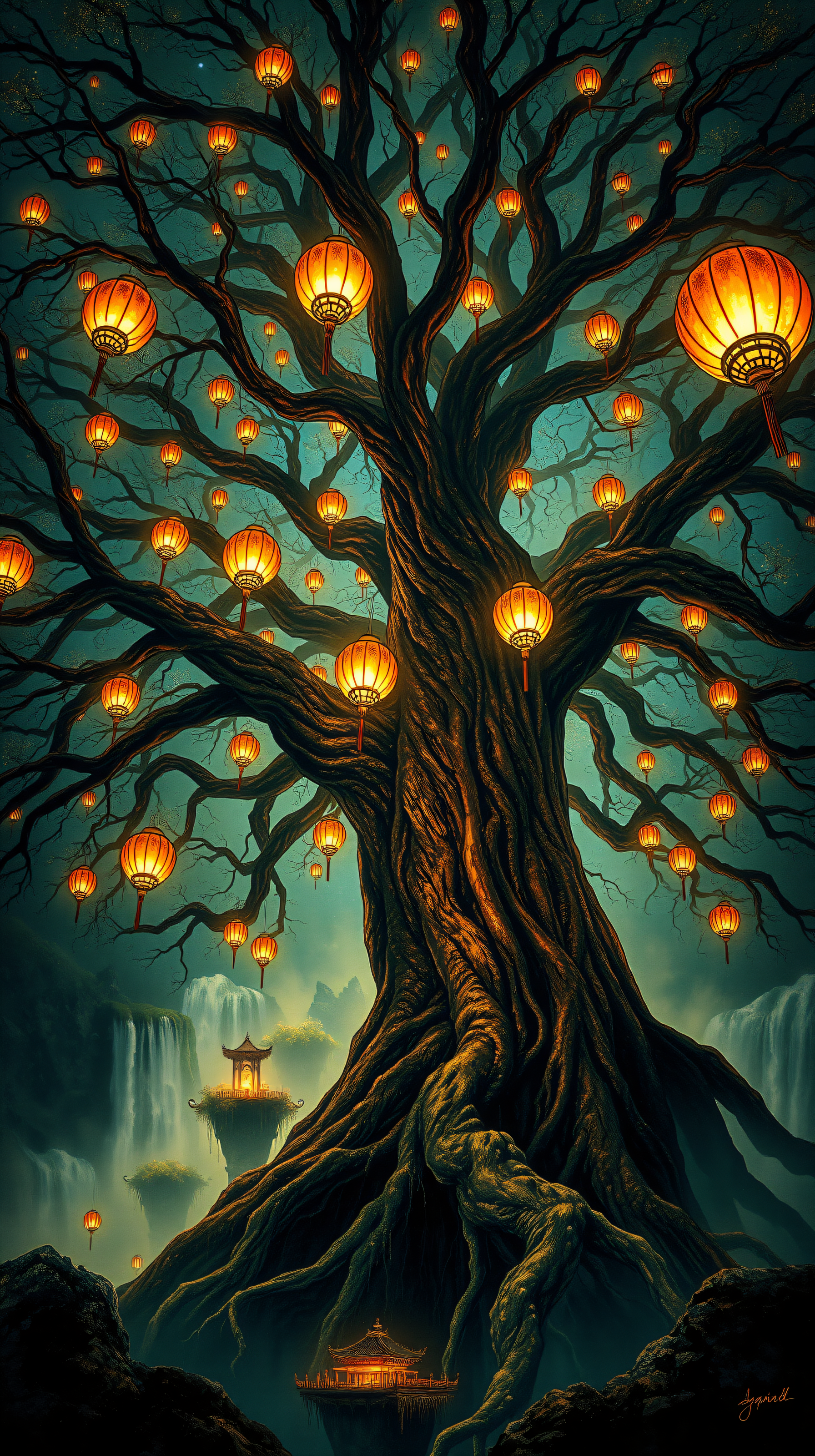 Mystical Ancient Tree with Glowing Lanterns Wallpaper, fantasy, mystical, lanterns, ancient tree, glowing, waterfall