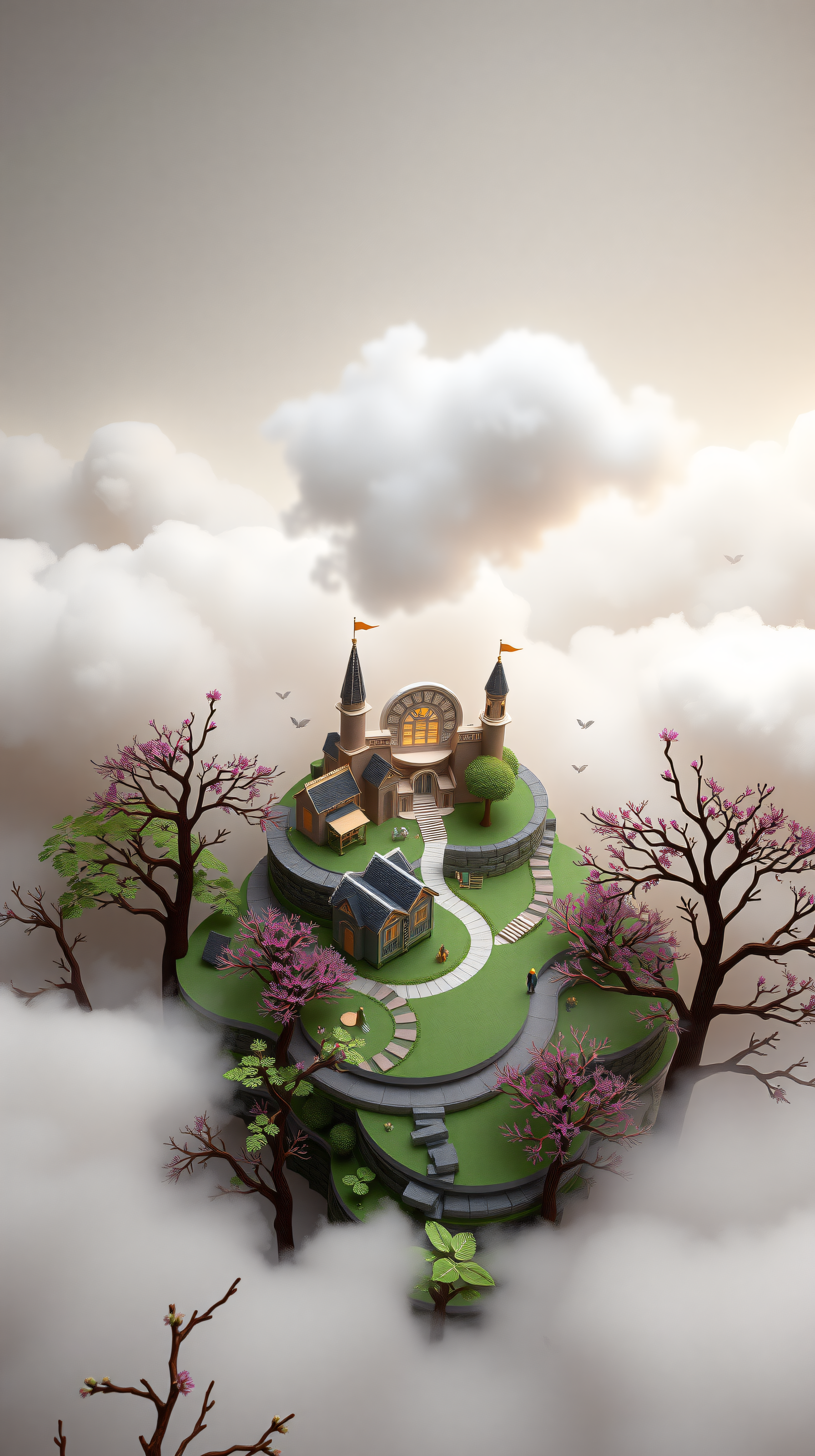 Dreamy Floating Fantasy Castle Island in Clouds, fantasy island, floating castle, dreamy clouds, whimsical, cute architecture, cherry blossoms