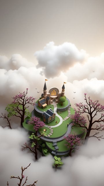 Dreamy Floating Fantasy Castle Island in Clouds