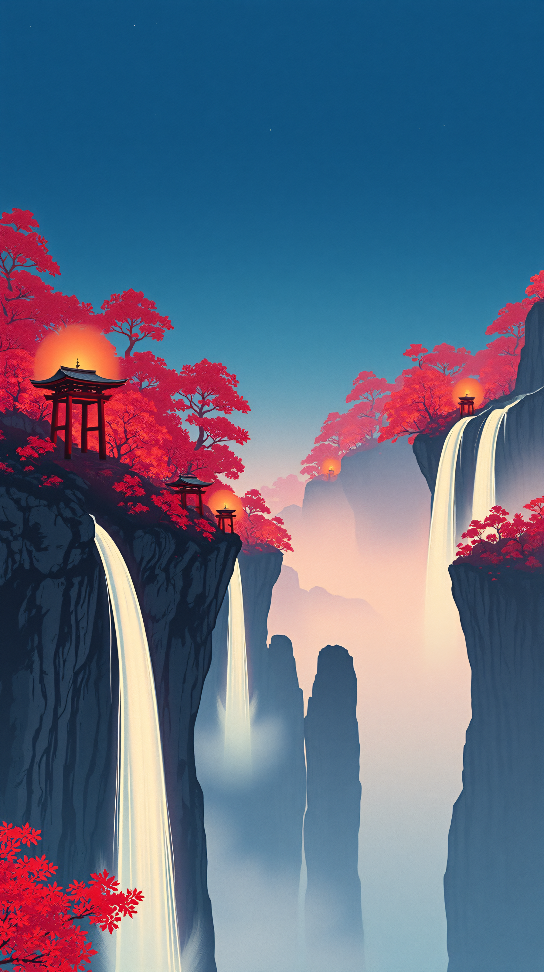 Vibrant Autumn Torii Gates & Waterfalls Wallpaper, japanese landscape, torii gate, waterfall, red maple, autumn, mystical