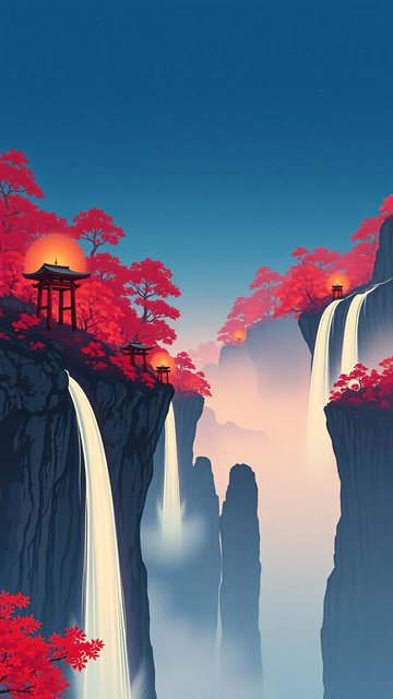 Vibrant Autumn Torii Gates & Waterfalls Wallpaper