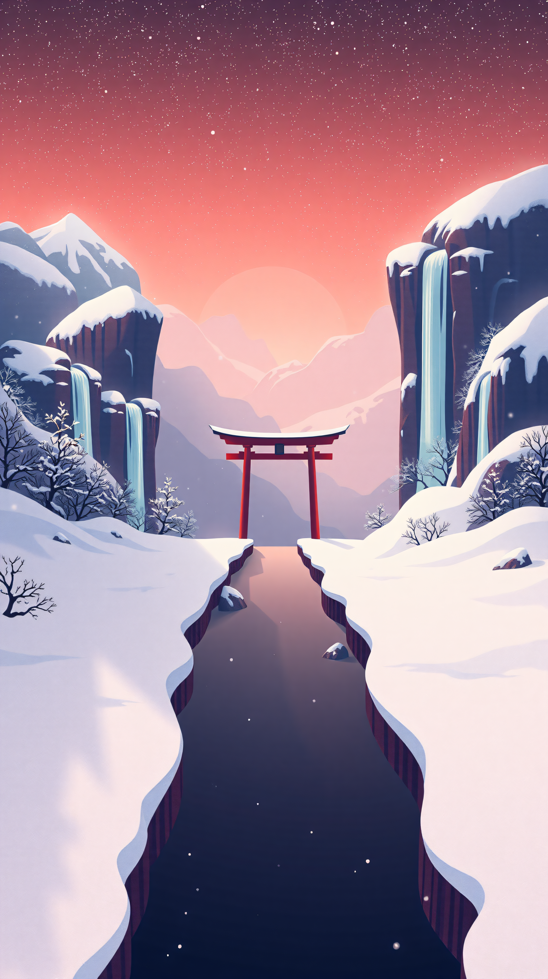 Winter Torii Gate, Snowy Mountains & Waterfalls at Twilight, torii gate, winter landscape, snowy mountains, waterfall, twilight, sunrise pink