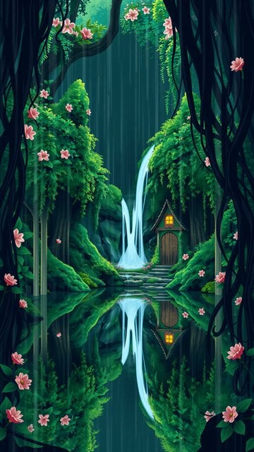 Enchanted Forest Waterfall Cabin Reflection Wallpaper