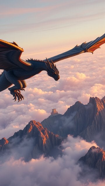 Epic Dragon Flight over Misty Sunset Mountains
