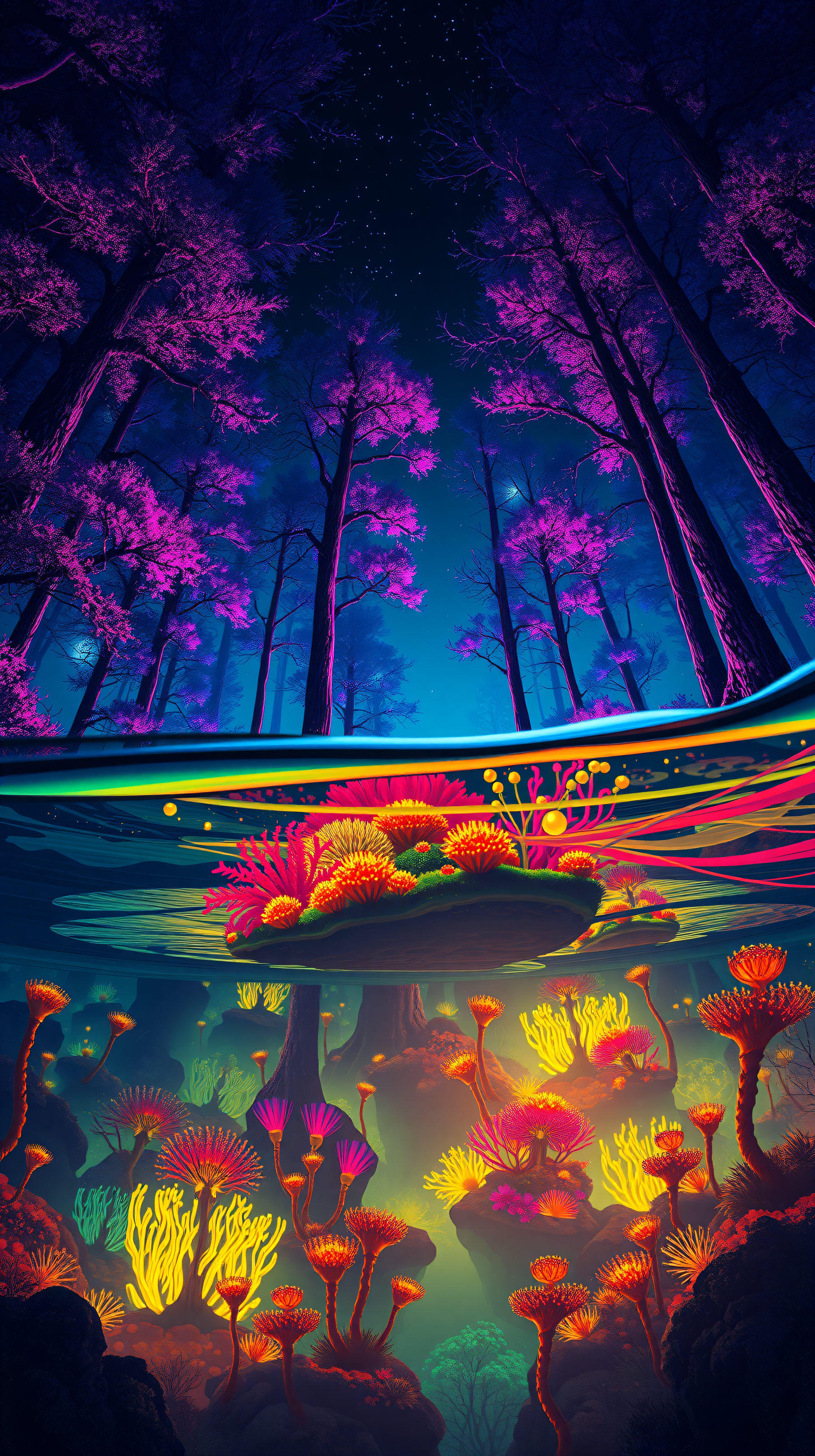 Vibrant Neon Fantasy Forest & Coral Underwater Wallpaper, fantasy, surreal, neon, vibrant, psychedelic, forest