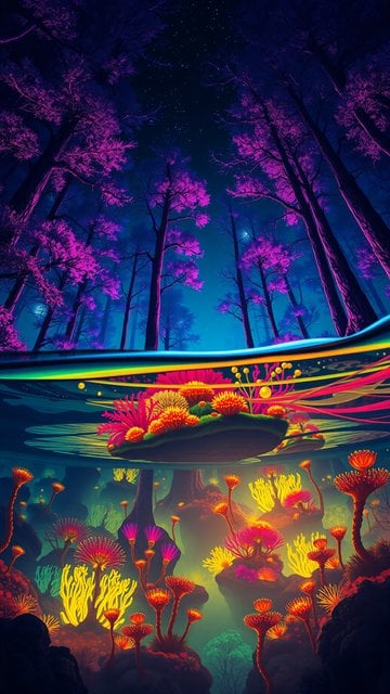 Vibrant Neon Fantasy Forest & Coral Underwater Wallpaper