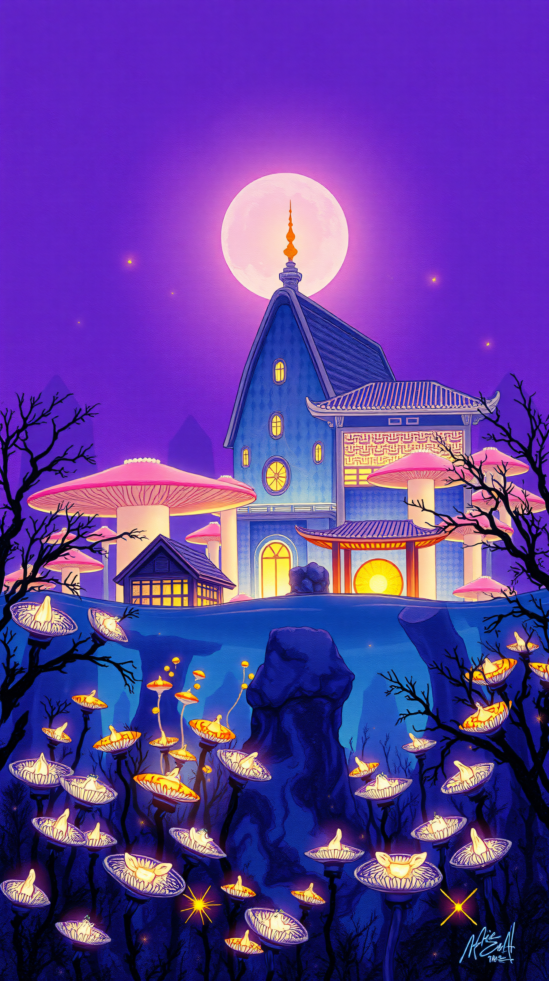 Magical Moonlit Shrine with Glowing Fungi, fantasy, magical, glowing mushrooms, night, moon, shrine