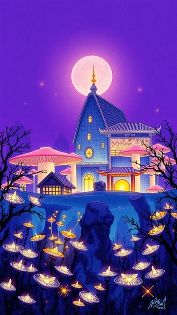 Magical Moonlit Shrine with Glowing Fungi