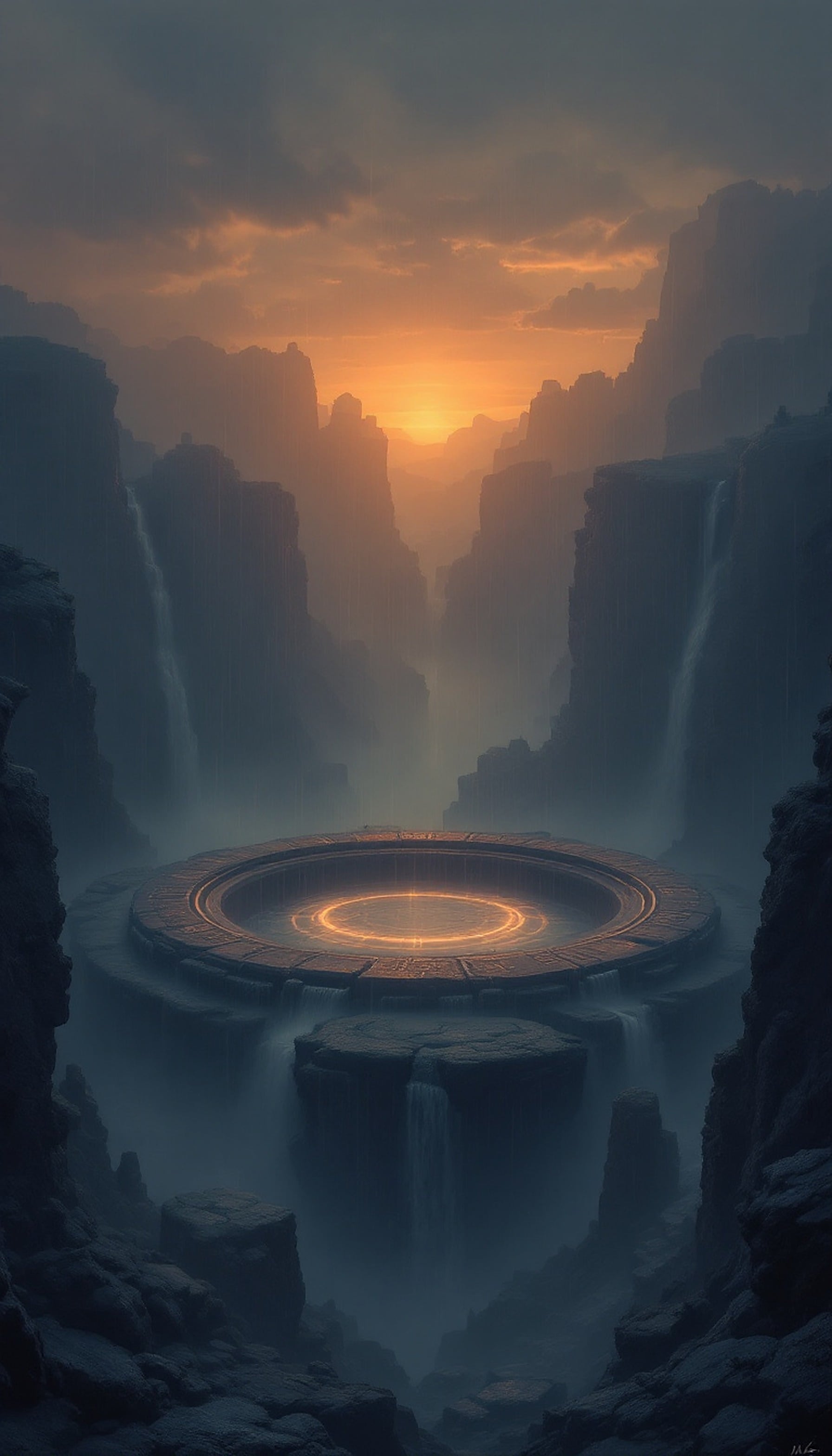 Mystic Canyon Portal at Sunset, mystic canyon, glowing portal, fantasy landscape, sunset waterfall, epic fantasy art, sci-fi wallpaper