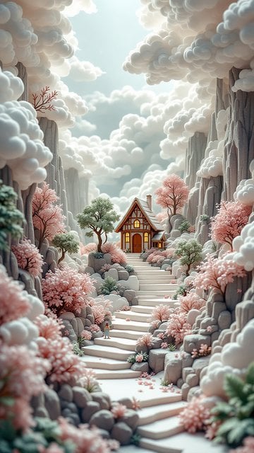 Dreamy Mountain Path to Cozy Cottage with Cherry Blossoms