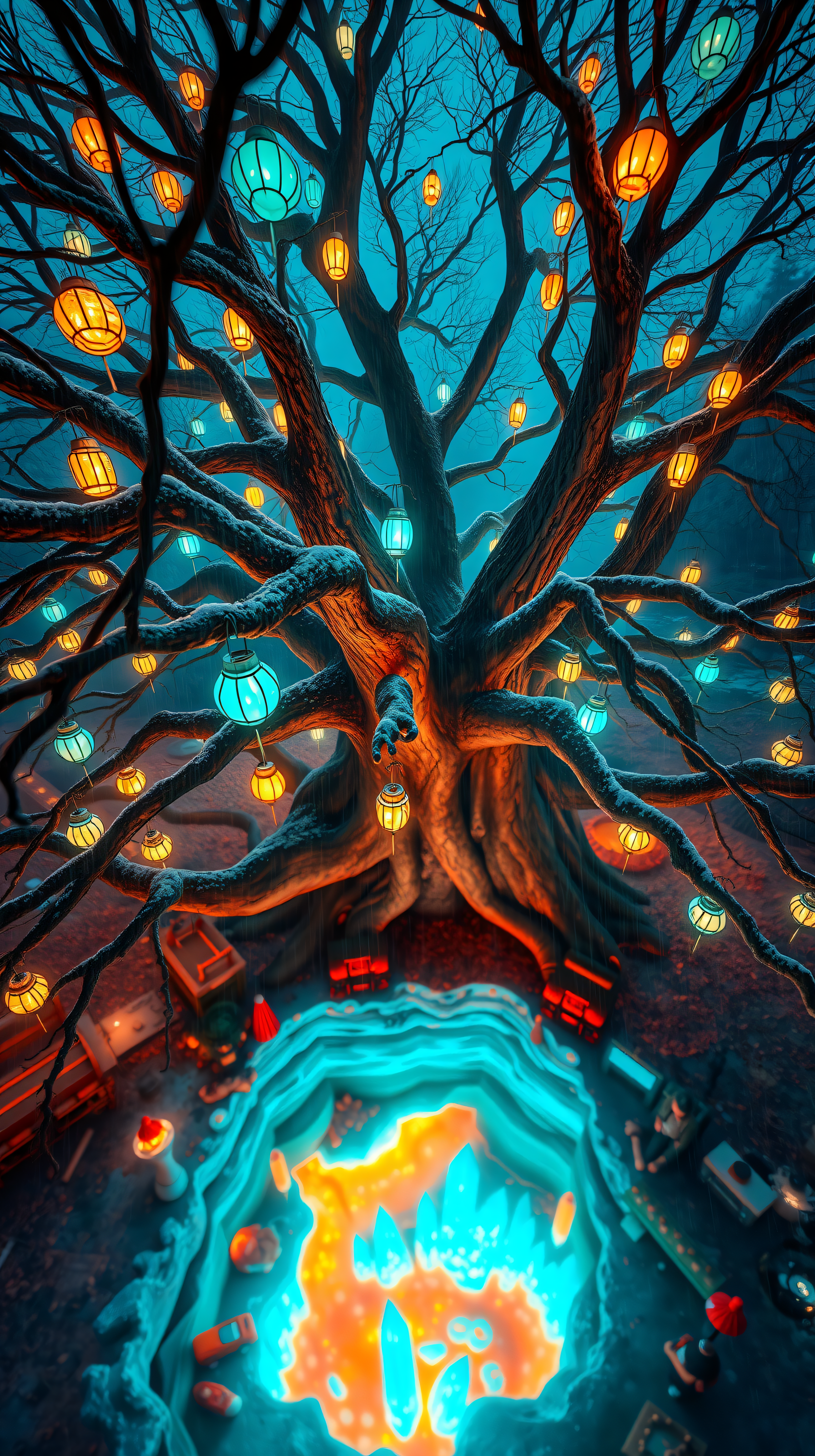 Enchanted Tree with Lanterns & Glowing Portal, fantasy, enchanted tree, glowing lanterns, magical portal, teal orange, mystical forest
