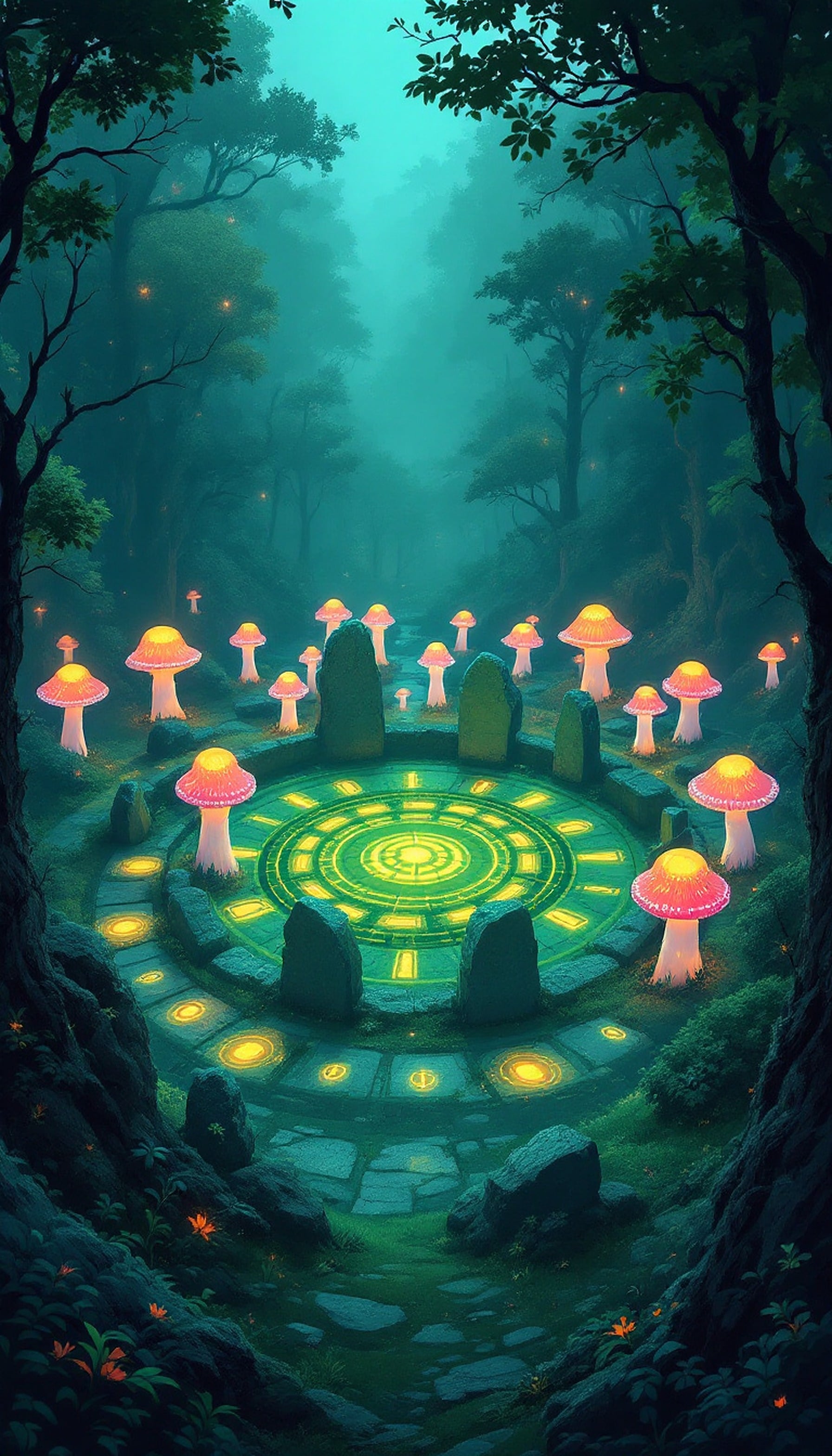 Enchanted Forest Glowing Mushroom Circle, enchanted forest, glowing mushrooms, magic circle, fantasy wallpaper, mystical, bioluminescent