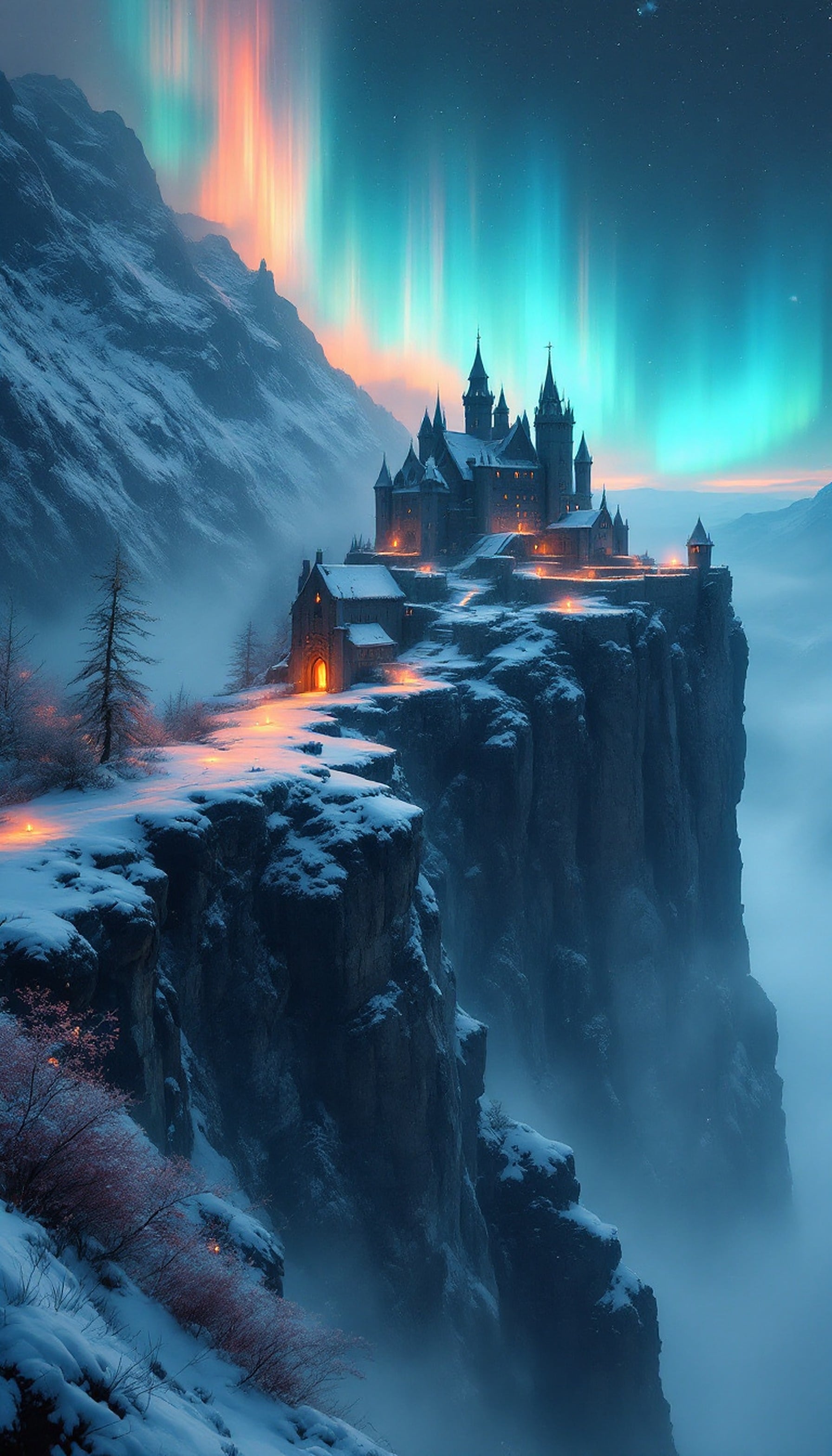 Winter Castle Aurora Cliffs Mobile Wallpaper, fantasy castle, winter landscape, aurora borealis, snowy cliffs, magical, glowing lights