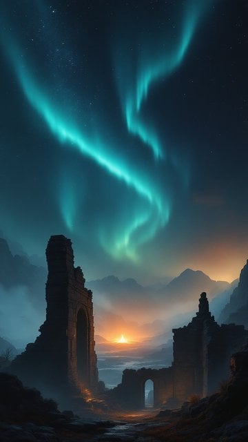 Aurora Ruins Sunset Fantasy Landscape Wallpaper