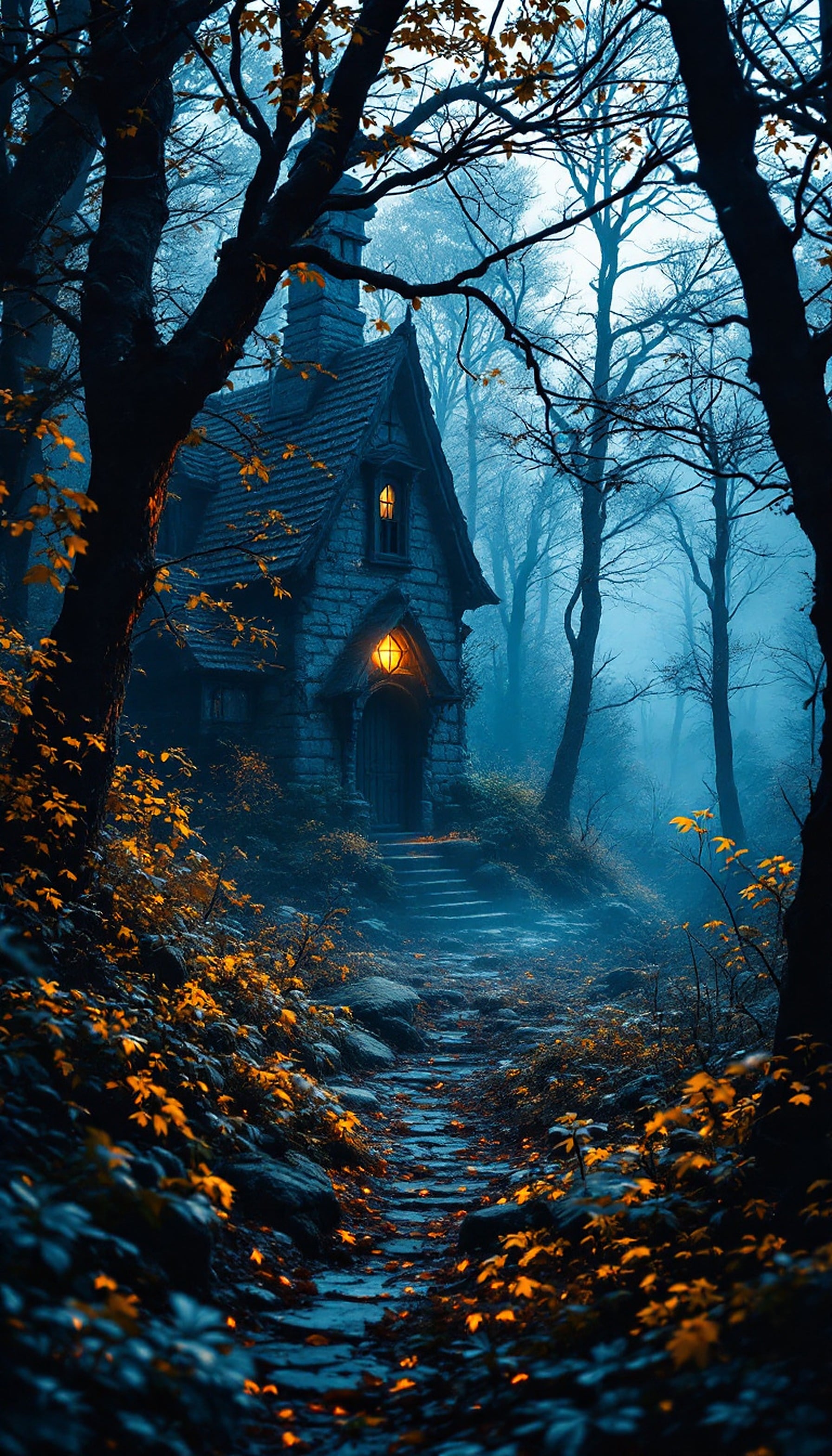 Enchanted Forest Cottage with Glowing Windows, enchanted forest, fantasy cottage, gothic fairytale, misty woods, autumn leaves, glowing windows