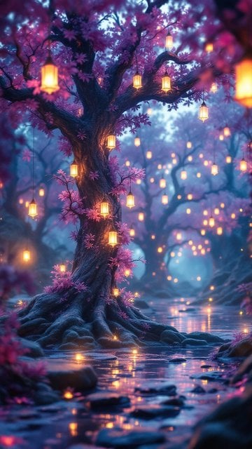 Magical Pink Tree Forest with Lanterns