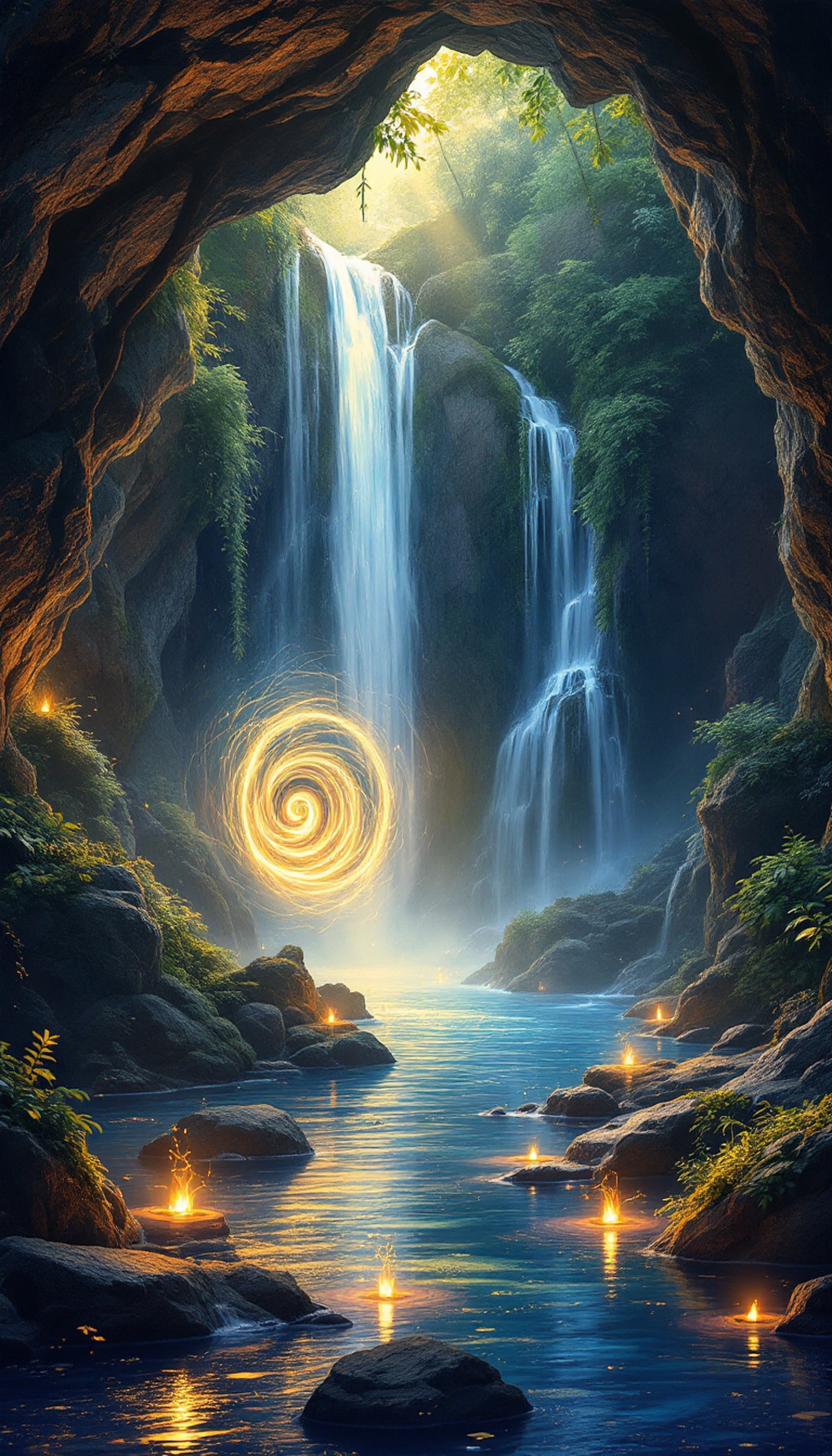 Magical Waterfall Cave with Golden Vortex, magical waterfall, fantasy cave, golden vortex, enchanted forest, glowing water, ethereal landscape