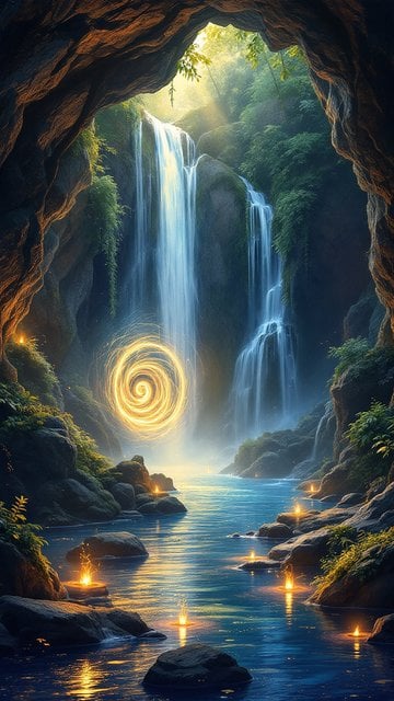 Magical Waterfall Cave with Golden Vortex